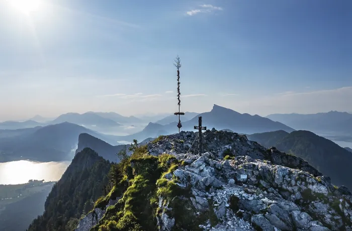 Framed Print : Drone shot, summit cross on the Schober with a view of the Schafberg