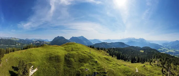 Framed Print : Drone shot, at the summit of the Taborberg with a view of the Osterhorn group and Dachstein massif
