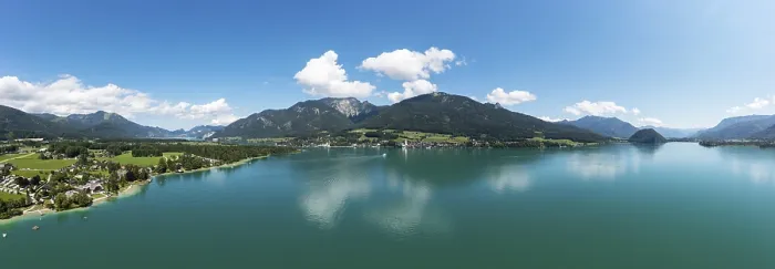 Framed Print : Drone shot, view from Abersee to Sankt Wolfgang with Schafberg
