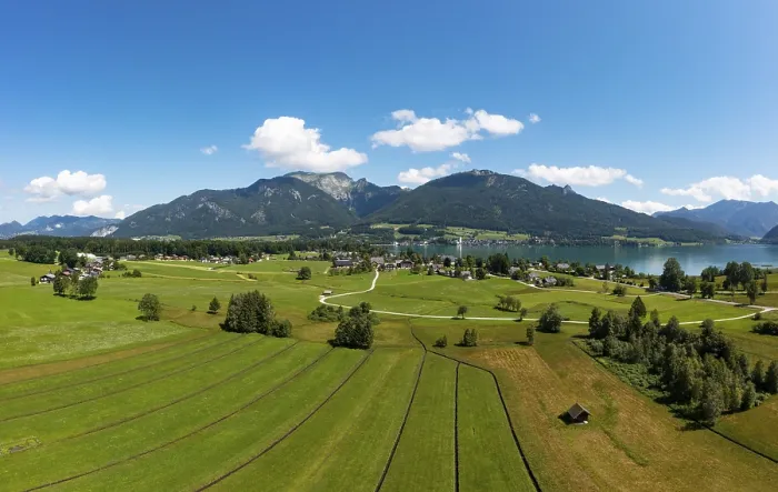 Framed Print : Drone shot, view from Abersee to Sankt Wolfgang with Schafberg