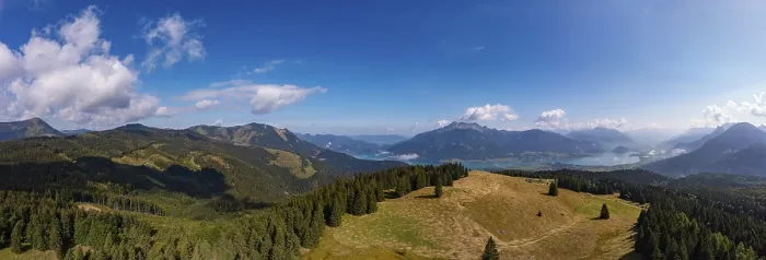 Framed Print : Drone shot, view from Breitenberg to Wolfgangsee and Schafberg Framed Print : Drone shot, view from Breitenberg to Wolfgangsee and Schafberg