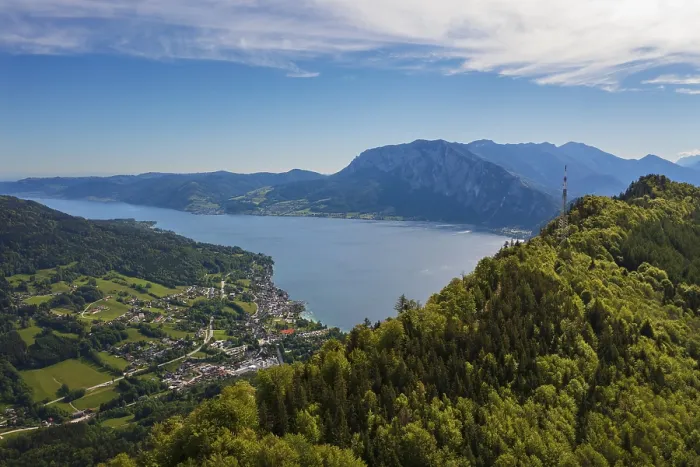 Framed Print : Drone shot, view from the Eisenaualm to Unterach and Attersee