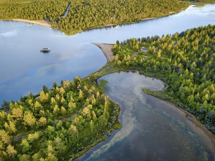 Framed Print : Drone view, aerial photo of floating house in Vuontisjaervi