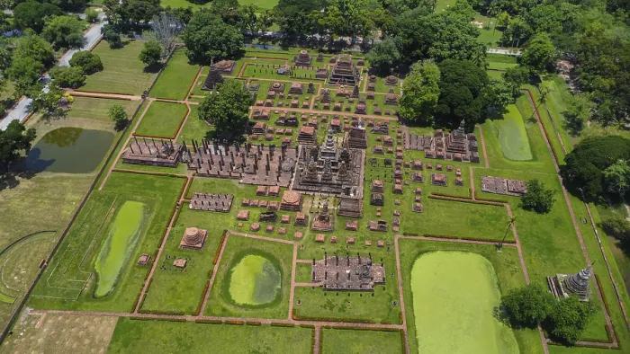 Framed Print : Drone view of an ancient temple complex in Thailand