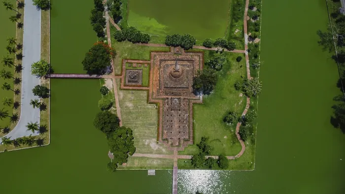 Framed Print : Drone view of an ancient temple complex in Thailand
