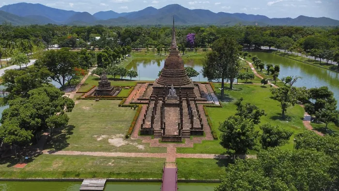 Framed Print : Drone view of an ancient temple complex in Thailand