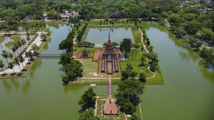Framed Print : Drone view of an ancient temple complex in Thailand