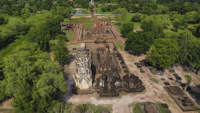 Framed Print : Drone view of an ancient temple complex in Thailand