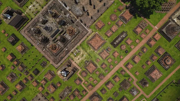 Framed Print : Drone view of an ancient temple complex in Thailand
