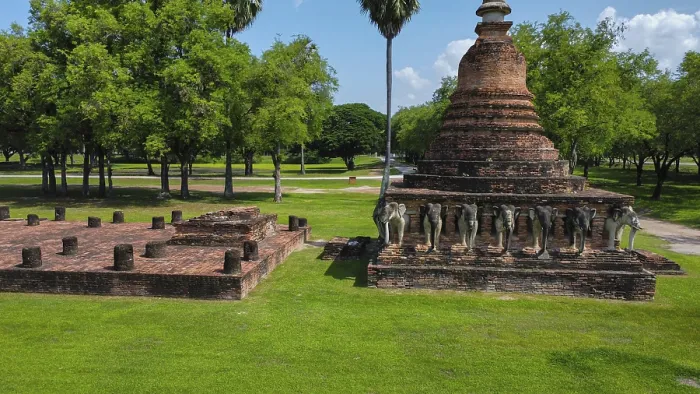 Framed Print : Drone view of an ancient temple complex in Thailand