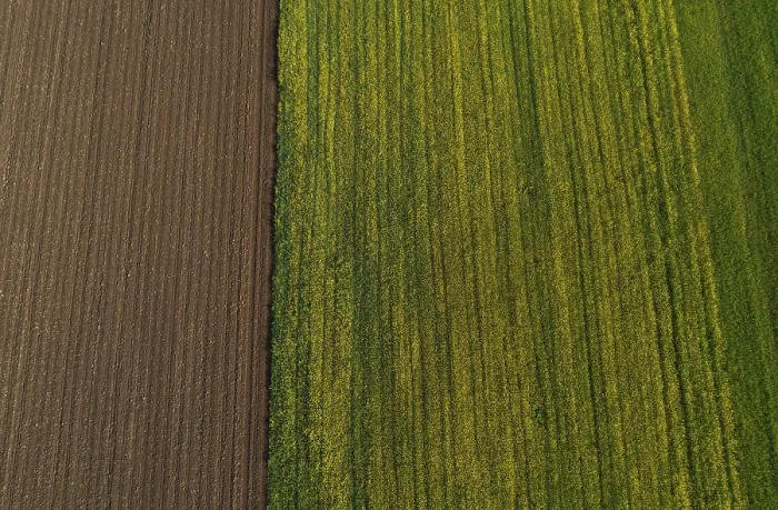 Framed Print : Drone view, green and ploughed fields