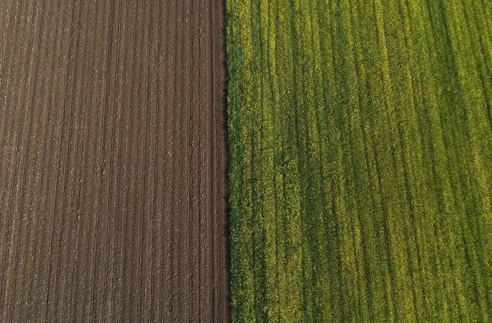 Framed Print : Drone view, green and ploughed fields