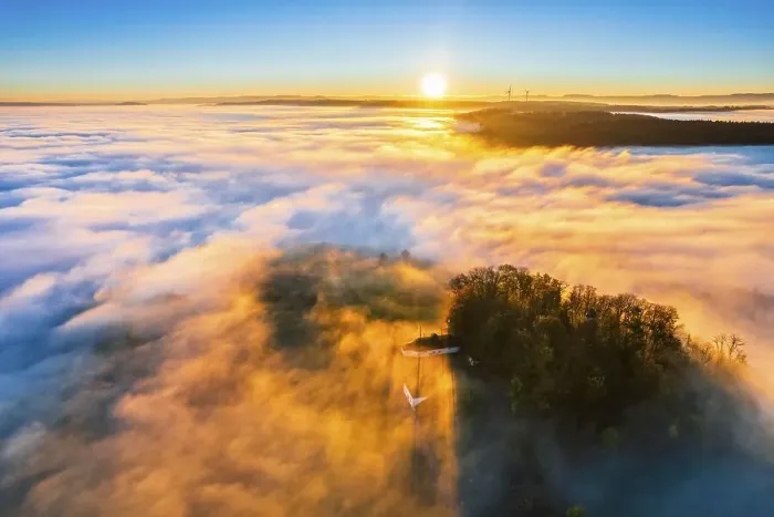 Framed Print : Drone view of sunrise with clouds over valley Remstal in autumn