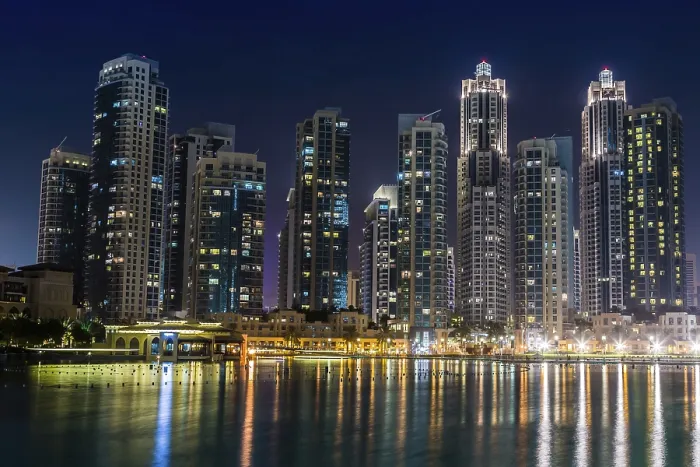Framed Print : DUBAI, UAE - NOVEMBER 13: Dubai downtown night scene with city lights