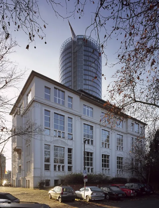 Framed Print : Duesseldorf, studio building in front of the Victoria insurance tower block
