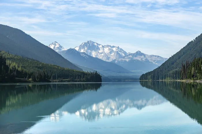Framed Print : Duffey Lake, snow-capped mountains seal themselves in a lake