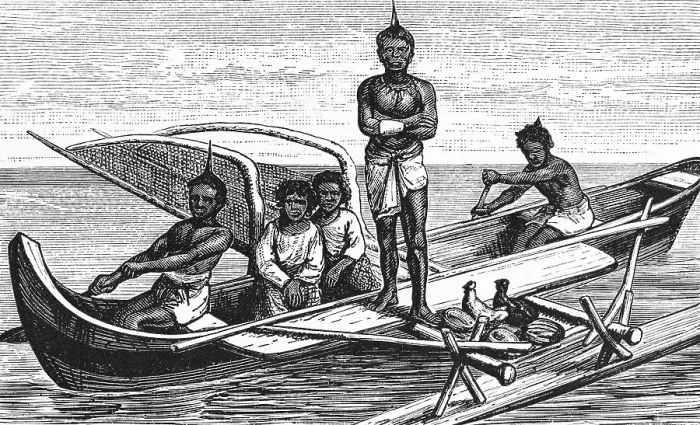 Framed Print : Dugout canoe with boom, building material is a hollowed-out trunk of the breadfruit tree, native men rowing, transport of chickens, climate change, threat from rising sea levels, tropics, Republic of the Mashall Islands in the western Pacific