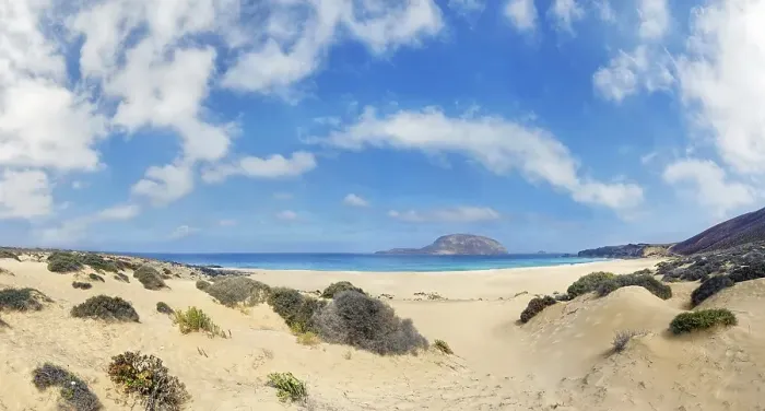 Framed Print : Dune landscape, Playa de las Conchas with volcano Monte Bermeja