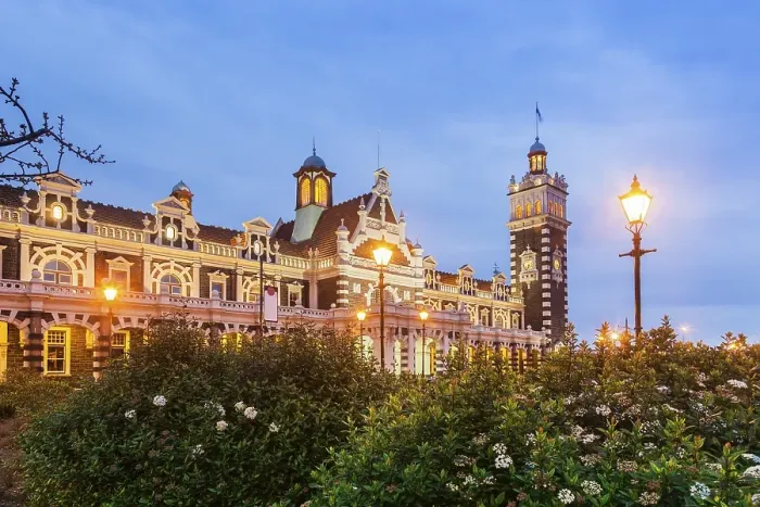 Framed Print : Dunedin Railway Station, illuminated at twilight Framed Print : Dunedin Railway Station, illuminated at twilight