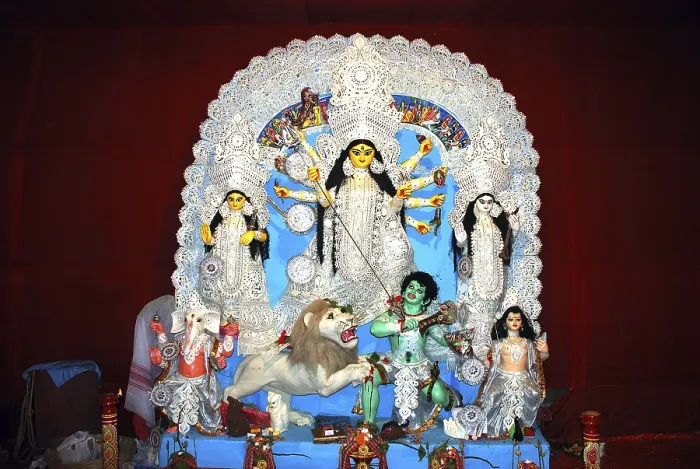 Framed Print : Durga clay model with statues of kartikeya ganesha and lakshmi saraswati on Durga puja