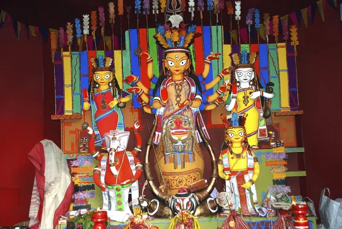 Framed Print : Durga clay model with statues of kartikeya ganesha and lakshmi saraswati on Durga puja