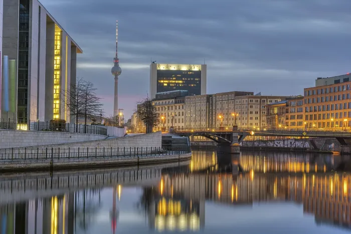 Framed Print : Dusk on the Spree in Berlin with the TV tower in the background