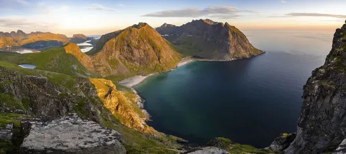 Framed Print : Dusk, view from the summit to Kvalvika beach and sea Framed Print : Dusk, view from the summit to Kvalvika beach and sea