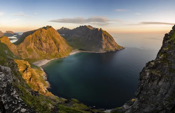 Framed Print : Dusk, view from the summit to Kvalvika beach and sea