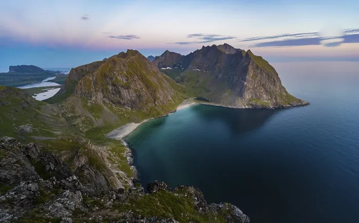 Framed Print : Dusk, view from the summit to Kvalvika beach and sea