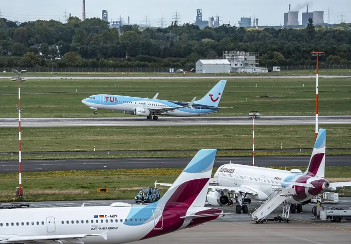 Framed Print : Dusseldorf Airport, Eurowings Airbus aircraft on the apron