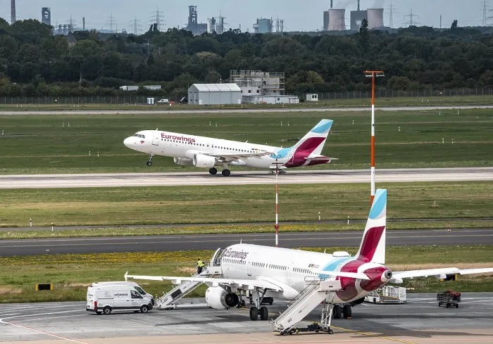 Framed Print : Dusseldorf Airport, Eurowings aircraft taking off