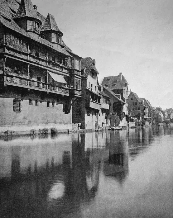 Framed Print : Early autotype of Nuremberg, houses on the Pegnitz river