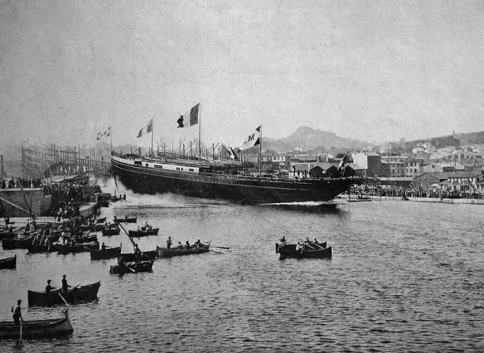 Framed Print : Early autotype of a ship's launch on the Seine river