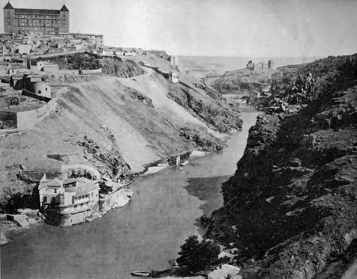 Framed Print : Early autotype of Toledo with Alcazar and Tajo river Framed Print : Early autotype of Toledo with Alcazar and Tajo river