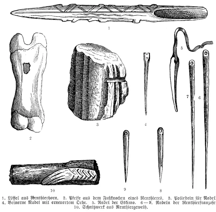 Framed Print : Early historical tools made of reindeer horn, archaeological finds, spoons (1), various needles with eyelets, carved ornaments (10), history of mankind, historical illustration1880