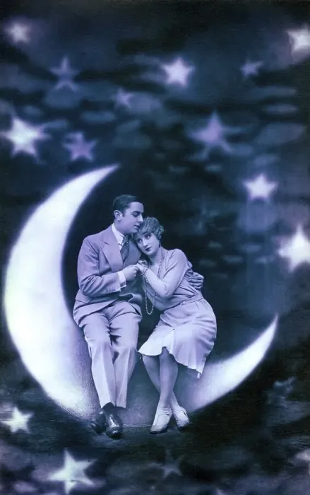 Framed Print : Early Montage, Lovers sitting on the crescent moon Framed Print : Early Montage, Lovers sitting on the crescent moon