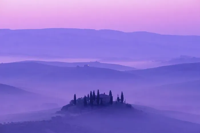 Framed Print : Early morning mist over Podere Belvedere Framed Print : Early morning mist over Podere Belvedere
