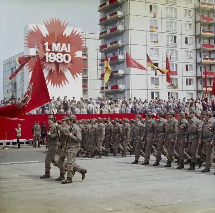 Framed Print : East Berlin, 01.05.1980, Karl-Marx-Allee, march past by members of the combat groups of the GDR, at the tribune at the demonstration on 1 May East Berlin, GDR GDR Framed Print : East Berlin, 01.05.1980, Karl-Marx-Allee, march past by members of the combat groups of the GDR, at the tribune at the demonstration on 1 May East Berlin, GDR GDR