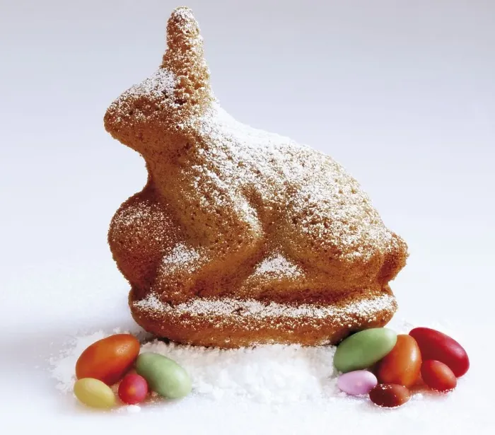 Framed Print : Easter bunny made of sponge cake sitting on icing sugar with Easter sweets Framed Print : Easter bunny made of sponge cake sitting on icing sugar with Easter sweets