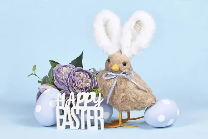 Framed Print : Easter chick with bunny ears, painted eggs and text Happy Easter on blue background