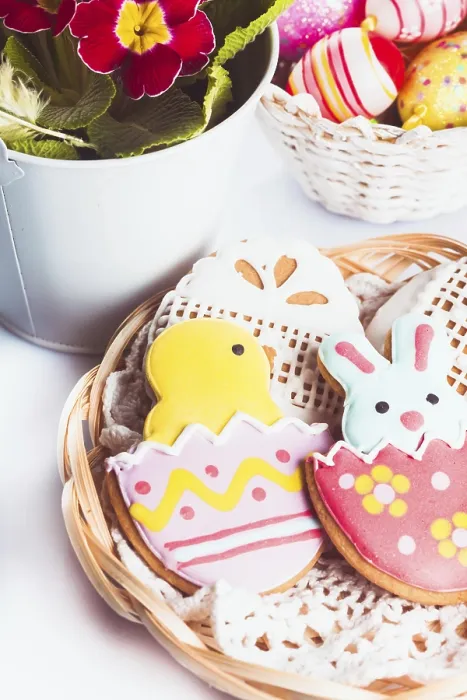 Framed Print : Easter cookies and decorative eggs. Easter decor