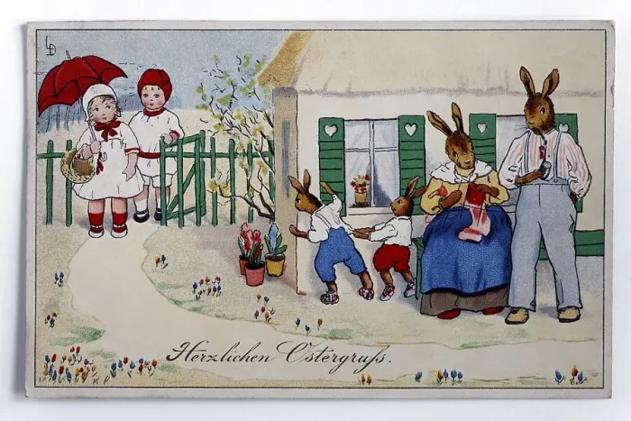 Framed Print : Easter greetings, children visiting an Easter bunny family Framed Print : Easter greetings, children visiting an Easter bunny family
