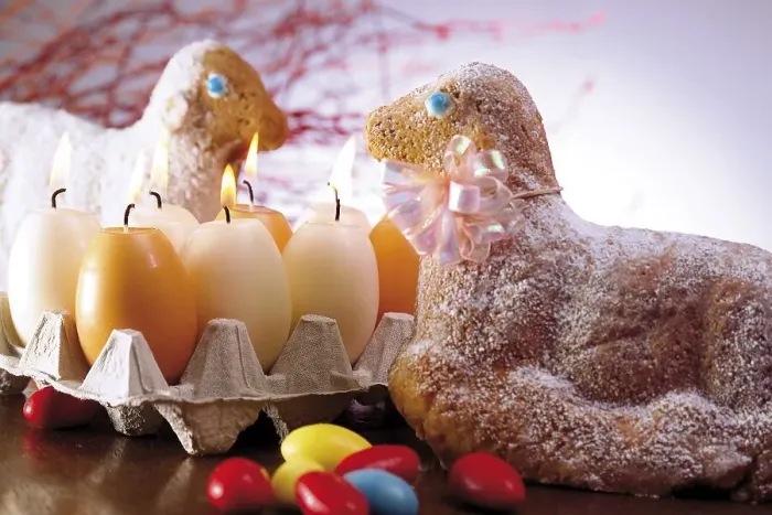 Framed Print : Easter lambs (baked goods) and Easter egg candles