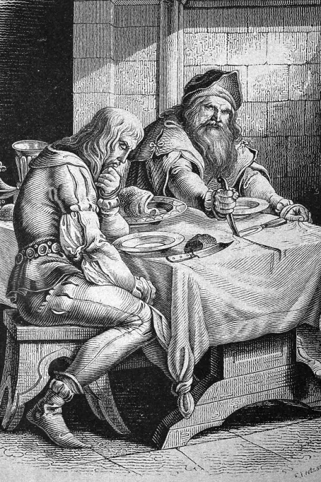 Framed Print : Eberhard II of Wuerttemberg or Eberhard der Greiner cutting the tablecloth between himself and his son