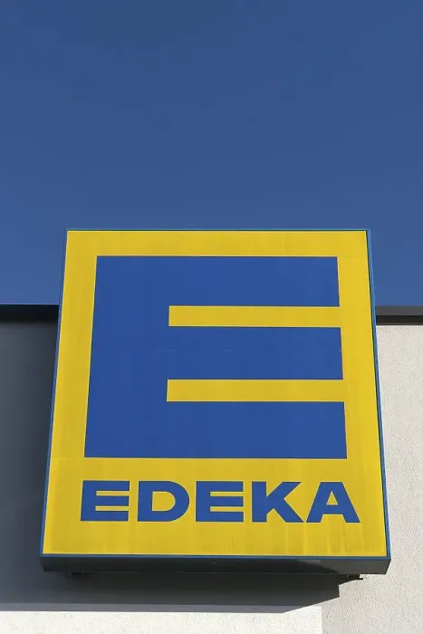 Framed Print : EDEKA logo, blue sky, Bavaria, Germany, Europe