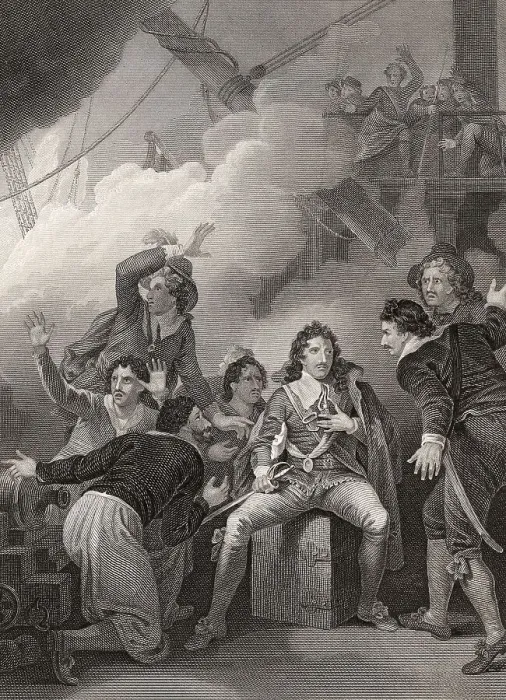 Framed Print : Edward Montagu, 1st Earl of Sandwich at the Battle of Solebay on 28 May 1672