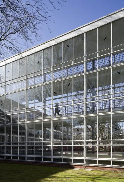 Framed Print : Egon Eiermann 1951-56, glass connecting corridor between administration building and warehouse tower block Framed Print : Egon Eiermann 1951-56, glass connecting corridor between administration building and warehouse tower block