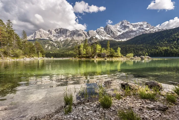 Framed Print : Eibsee lake and Zugspitze massif with Zugspitze
