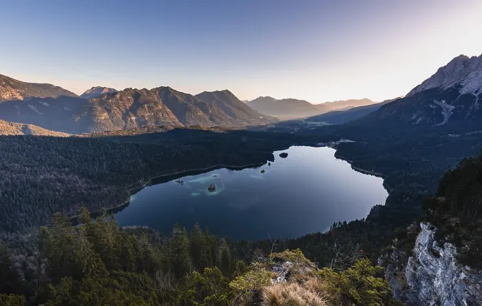 Framed Print : Eibsee lake and Zugspitze massif with Zugspitze