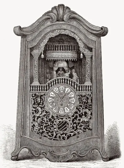 Framed Print : Eine antike Uhr mit einer Spieluhr, 18